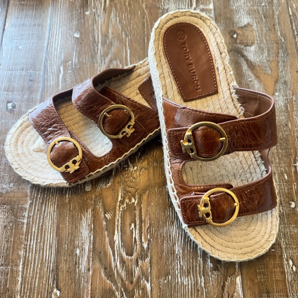 Tory Burch Selby Two Band Brown Leather Espadrille Slides with Gold Hardware